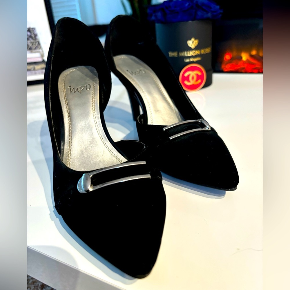 IMPO Women's Black Pointy Toe Suede With Silver High Heels Size 8